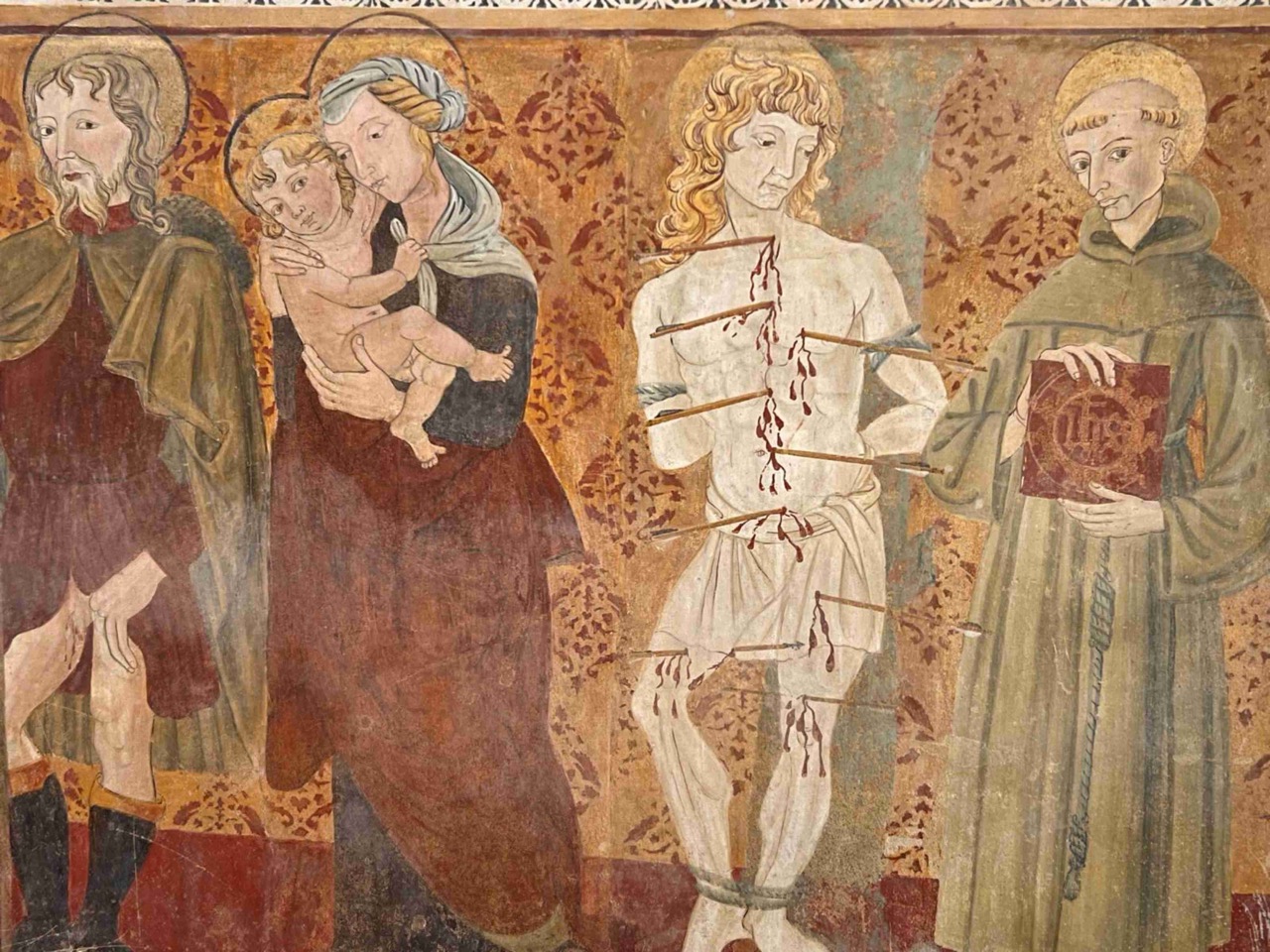Affresco con San Bernardino, San Sebastiano, Maria col Bambino, da una chiesa di Amelia